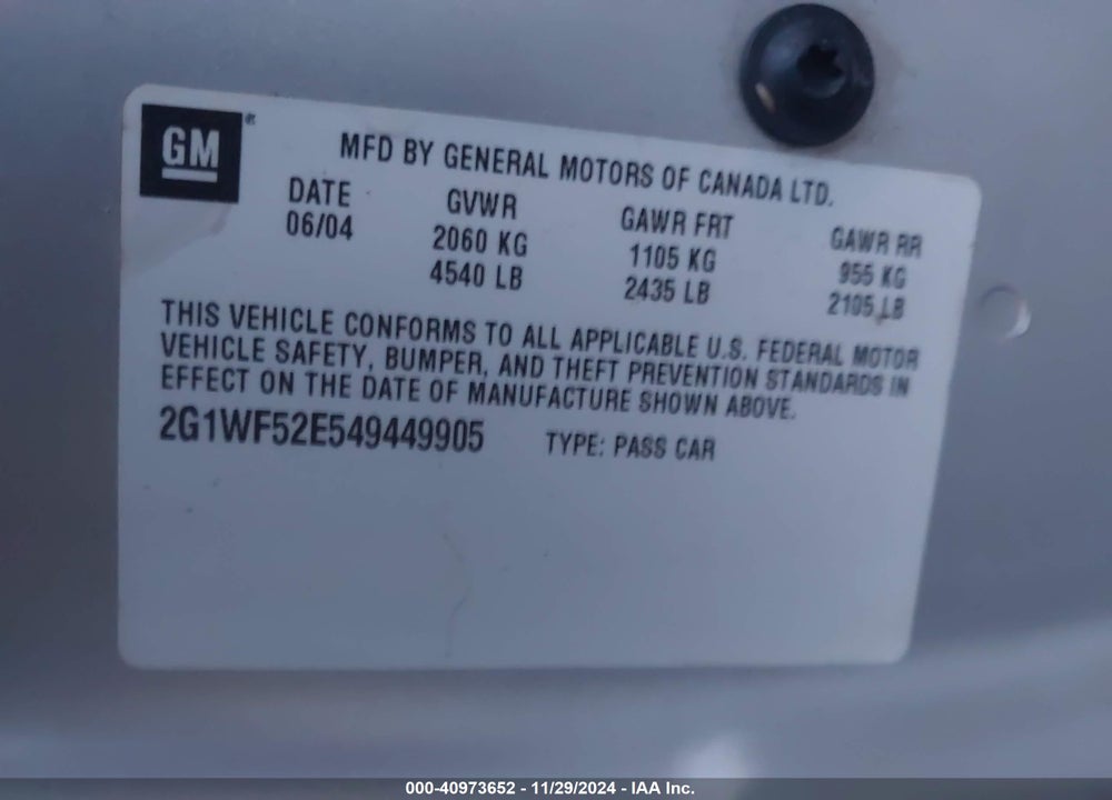 2004 CHEVROLET IMPALA VIN: 2G1WF52E549449905