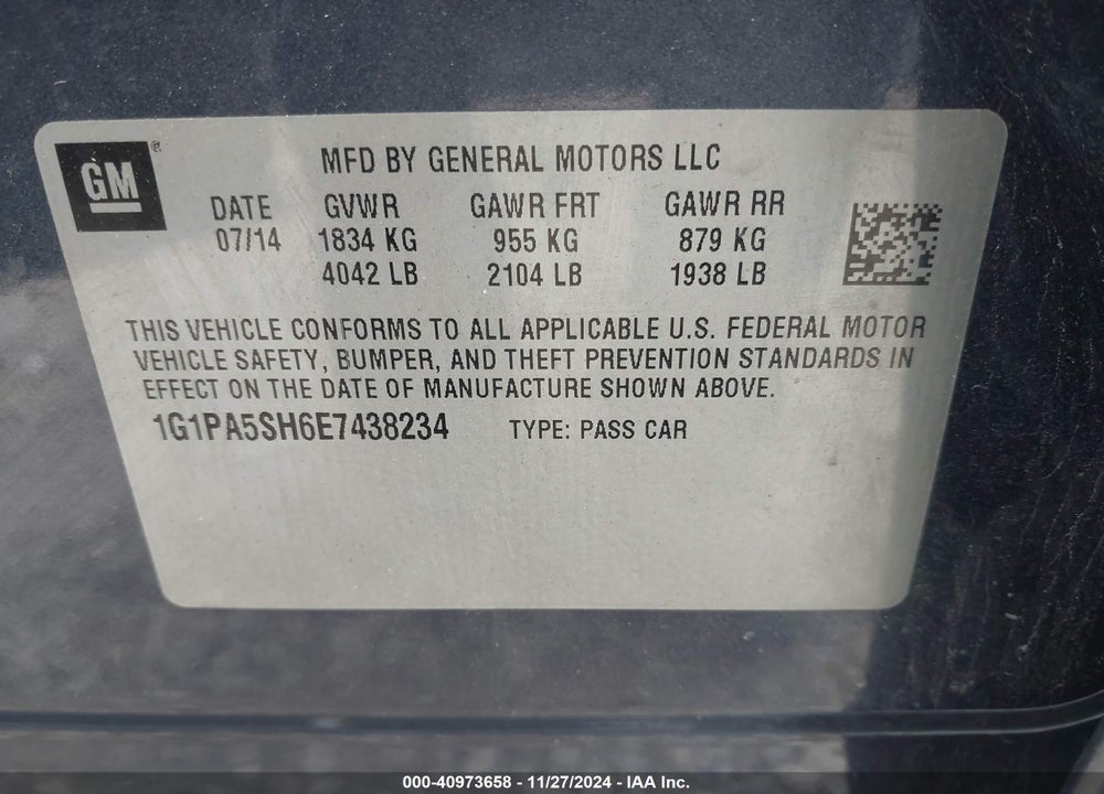 2014 CHEVROLET CRUZE LS AUTO VIN: 1G1PA5SH6E7438234