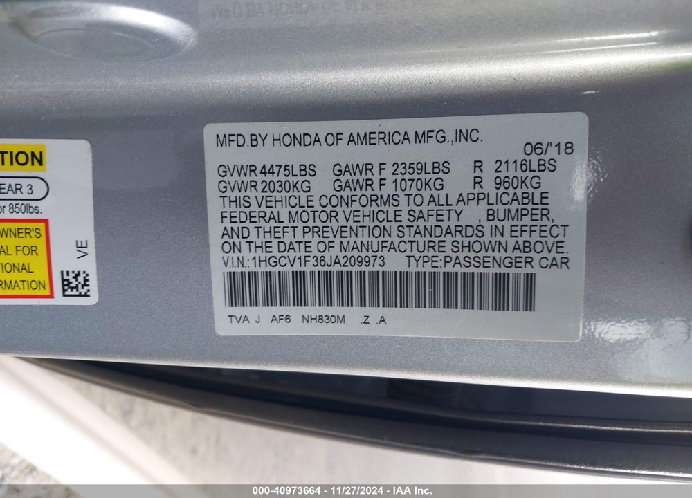 2018 HONDA ACCORD VIN: 1HGCV1F36JA209973
