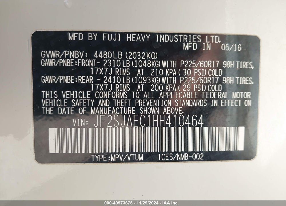 2017 SUBARU FORESTER 2.5I PREMIUM VIN: JF2SJAEC1HH410464