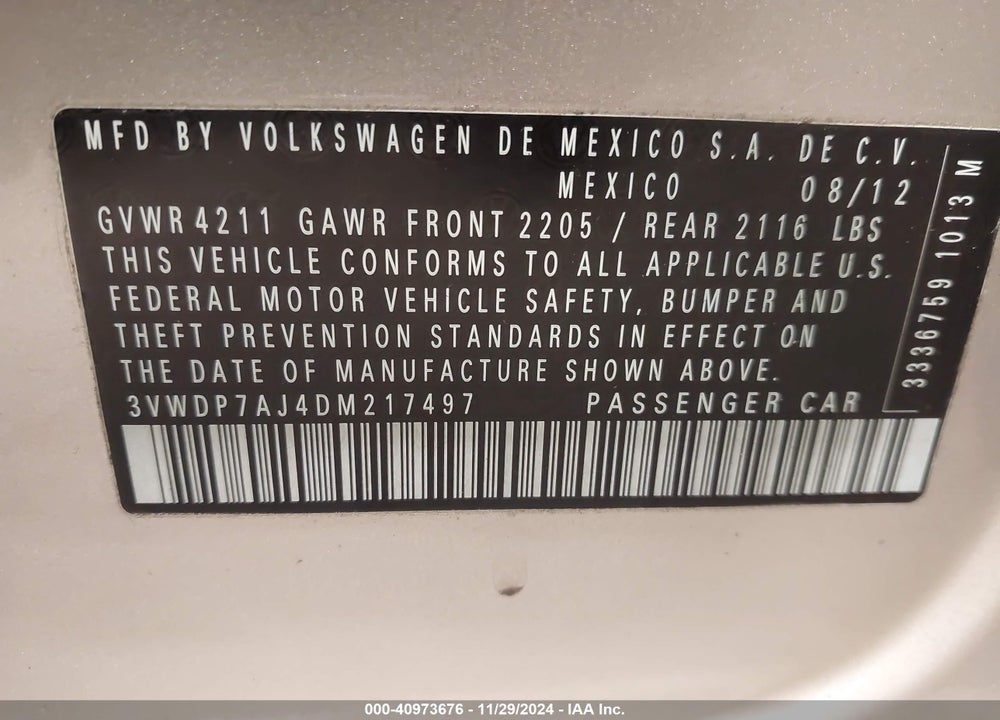 2013 VOLKSWAGEN JETTA 2.5L SE VIN: 3VWDP7AJ4DM217497