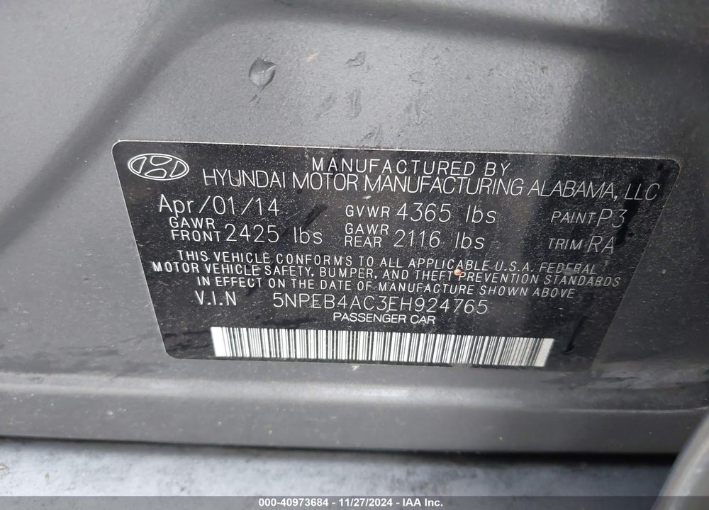 2014 HYUNDAI SONATA VIN: 5NPEB4AC3EH924765