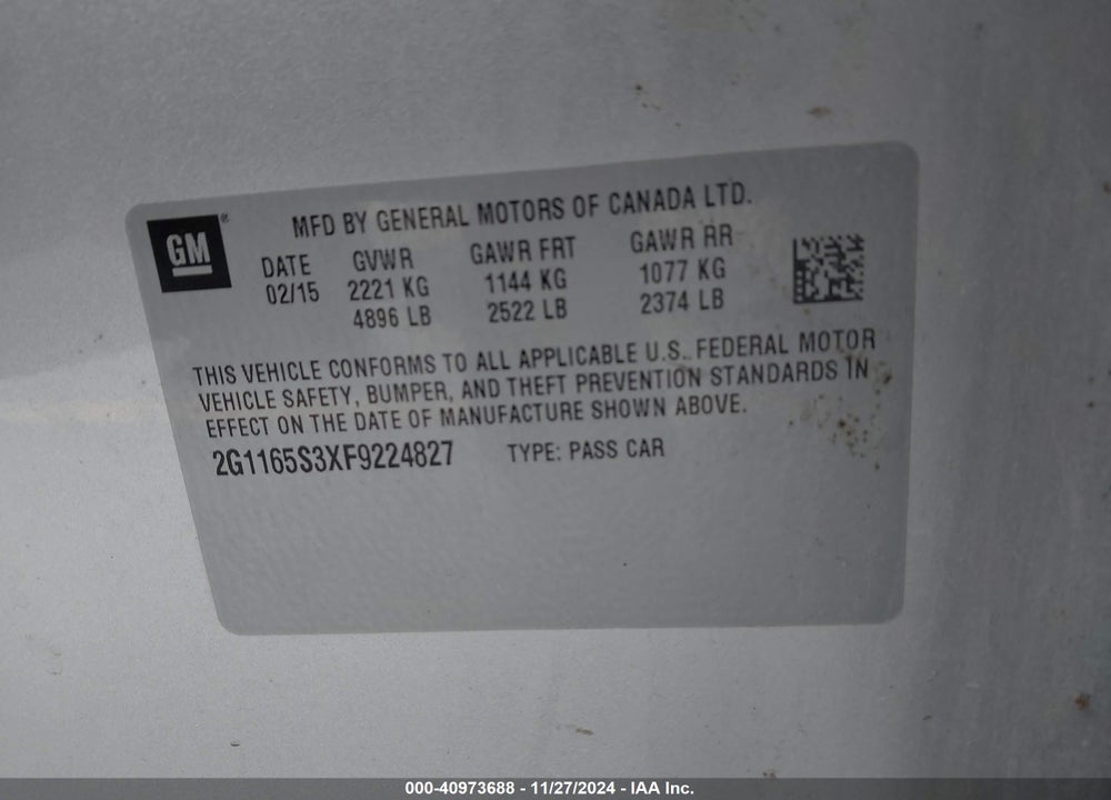 2015 CHEVROLET IMPALA VIN: 2G1165S3XF9224827