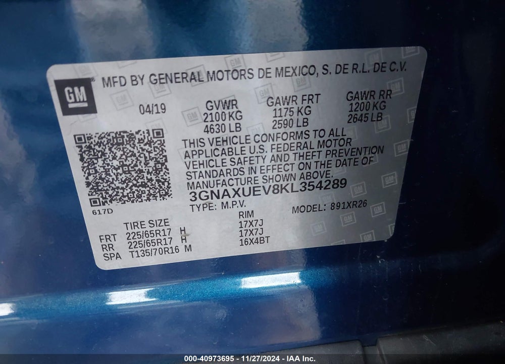 2019 CHEVROLET EQUINOX LT VIN: 3GNAXUEV8KL354289