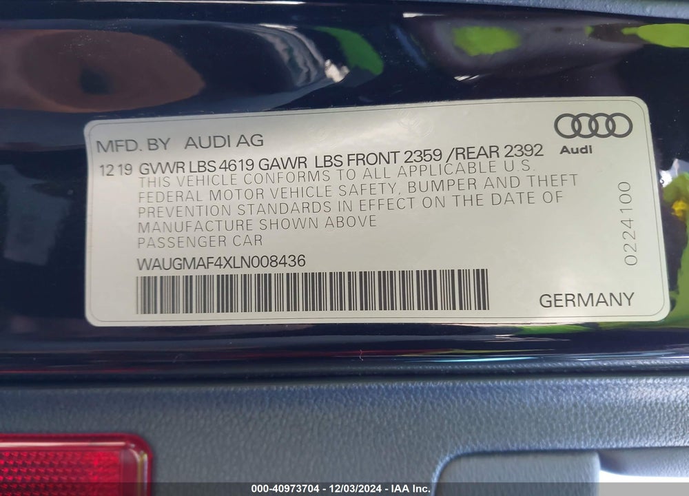 2020 AUDI A4 PREMIUM 40 TFSI FRONT-WHEEL DRIVE S TRONIC VIN: WAUGMAF4XLN008436