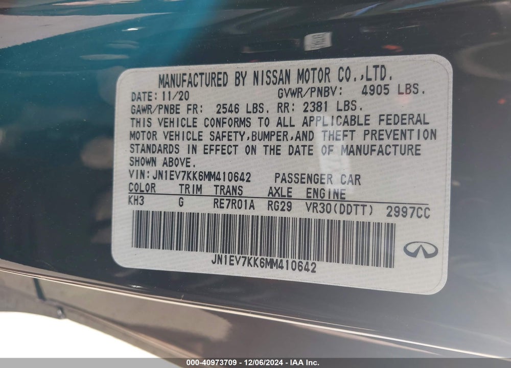 2021 INFINITI Q60 LUXE VIN: JN1EV7KK6MM410642