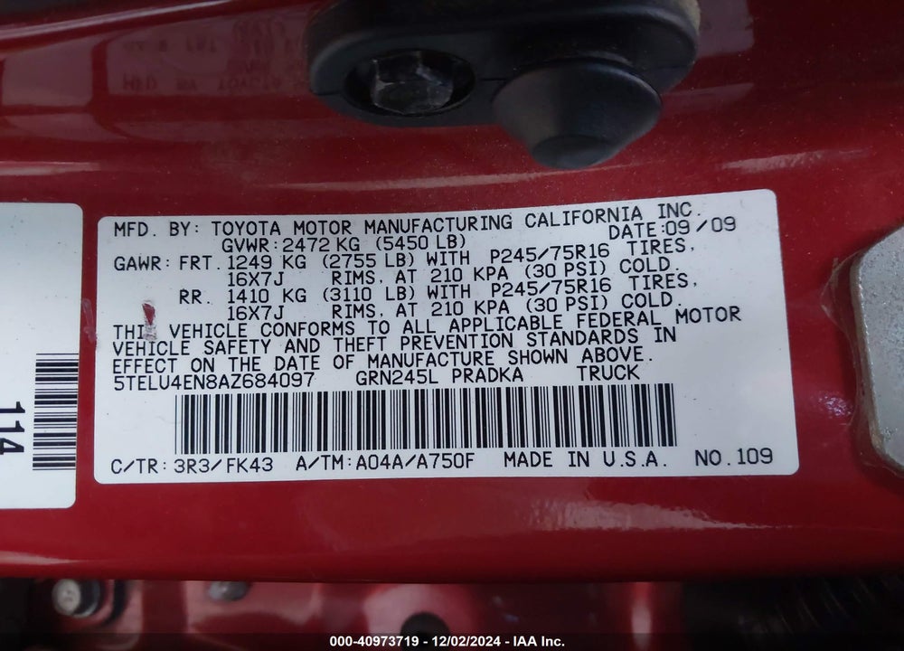2010 TOYOTA TACOMA BASE V6 VIN: 5TELU4EN8AZ684097