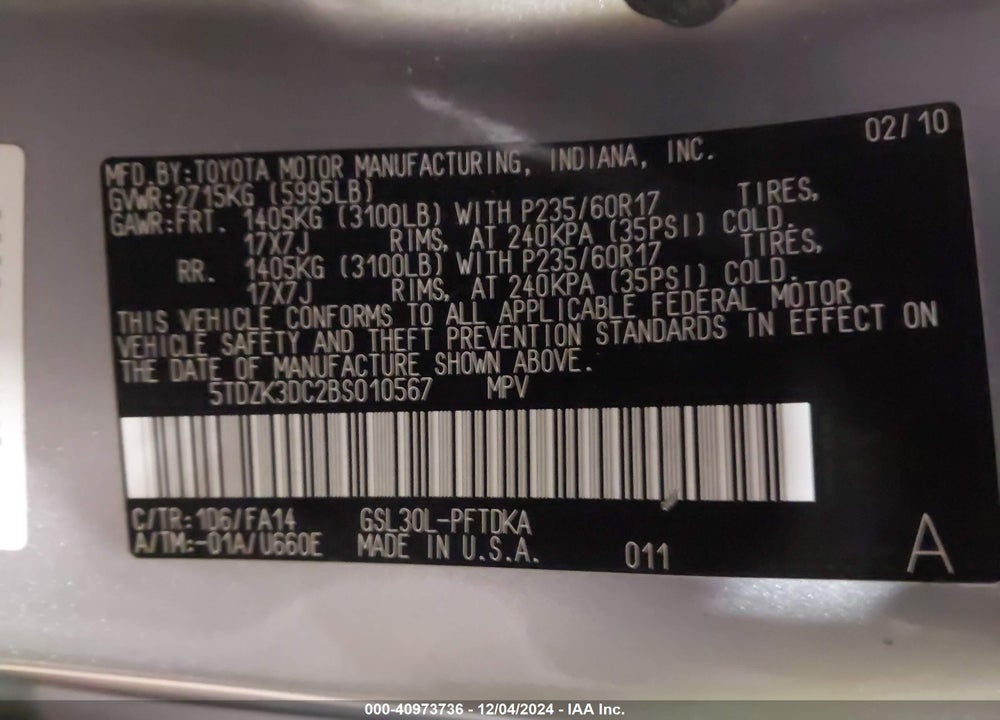 2011 TOYOTA SIENNA BASE V6 VIN: 5TDZK3DC2BS010567