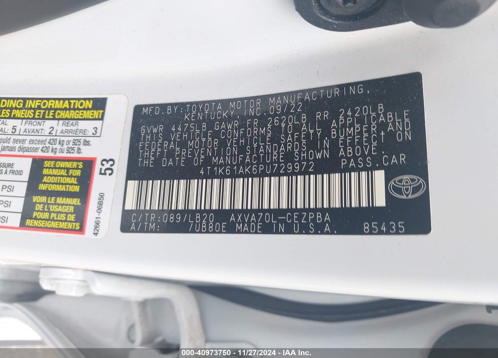 2023 TOYOTA CAMRY XSE VIN: 4T1K61AK6PU729972