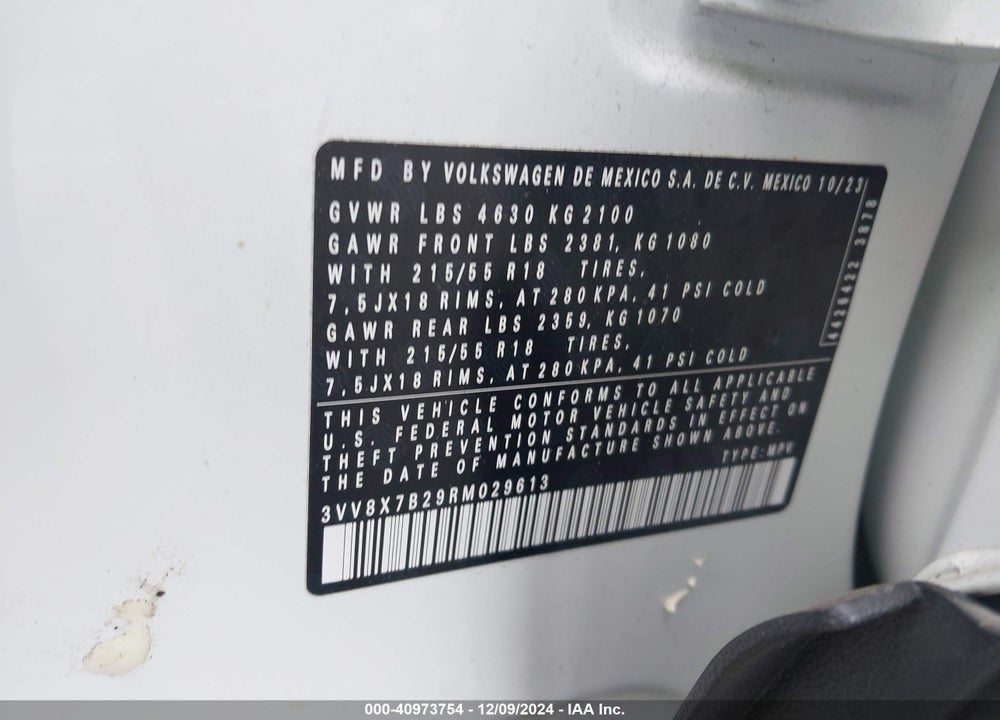 2024 VOLKSWAGEN TAOS 1.5T S VIN: 3VV8X7B29RM029613