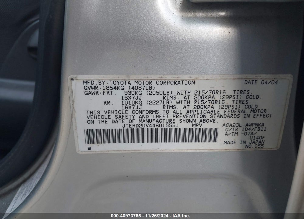 2004 TOYOTA RAV4 VIN: JTEHD20V446015551