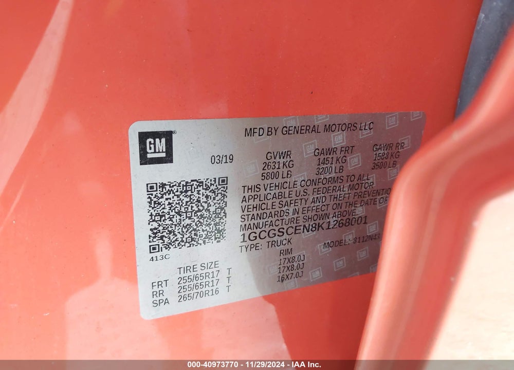 2019 CHEVROLET COLORADO VIN: 1GCGSCEN8K1268001