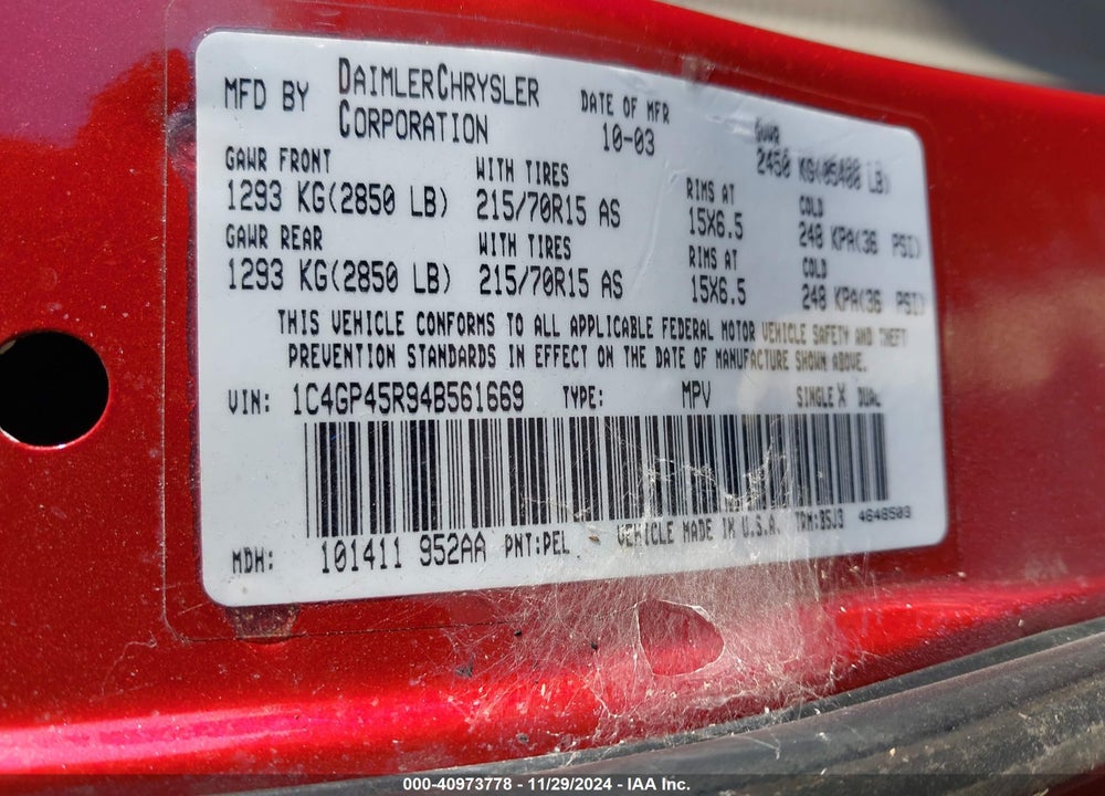 2004 CHRYSLER TOWN & COUNTRY VIN: 1C4GP45R94B561669