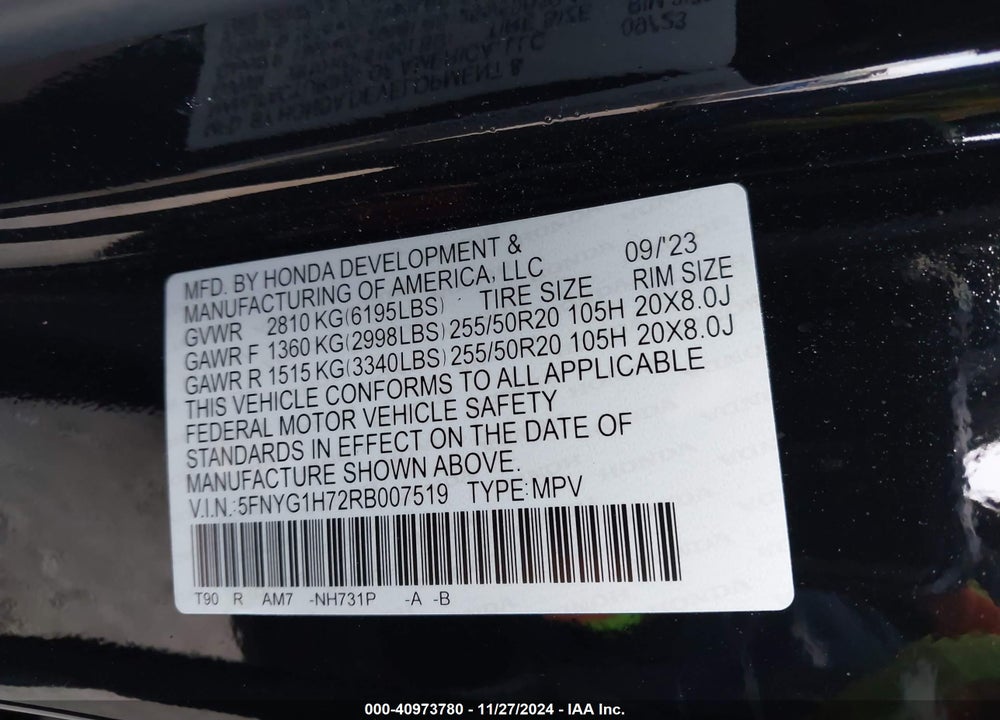 2024 HONDA PILOT VIN: 5FNYG1H72RB007519