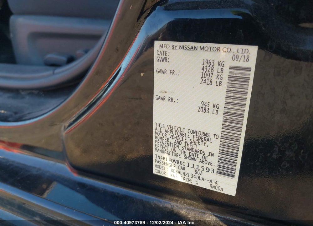 2019 NISSAN ALTIMA 2.5 SV VIN: 1N4BL4DV8KC111593