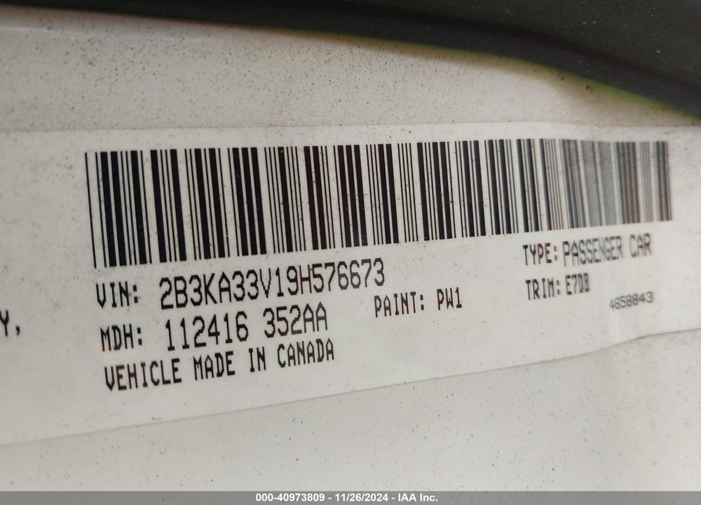 2009 DODGE CHARGER VIN: 2B3KA33V19H576673
