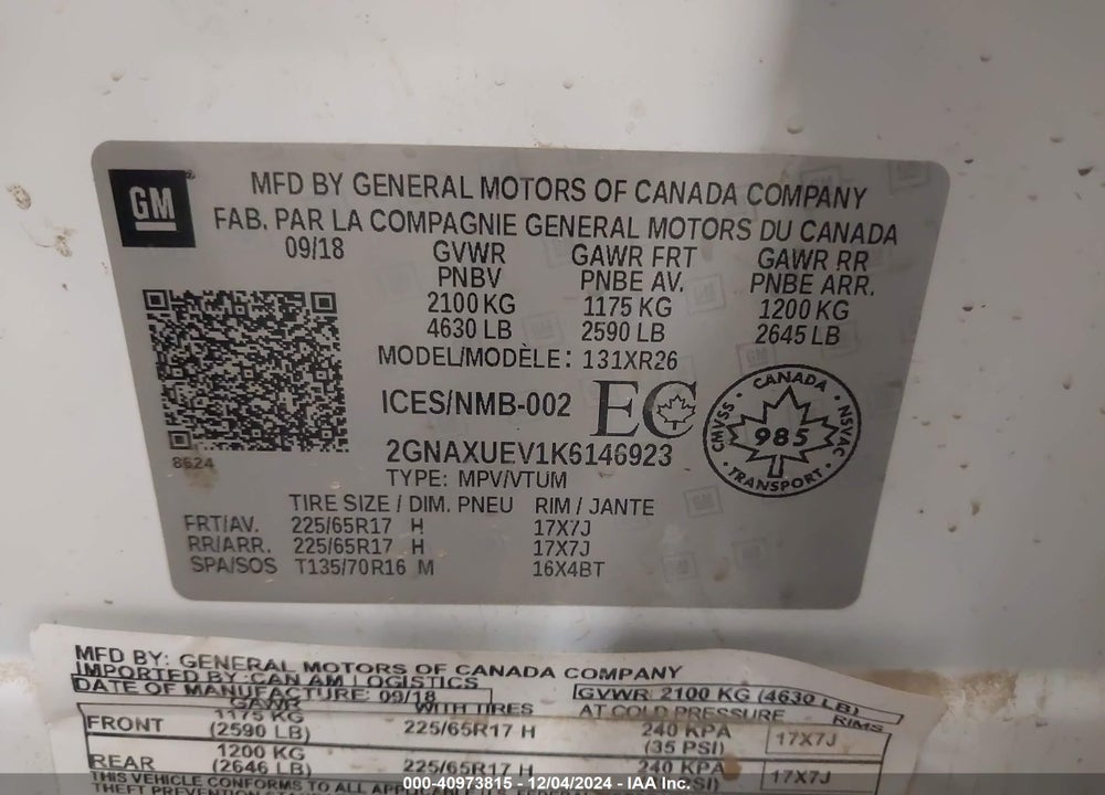 2019 CHEVROLET EQUINOX LT VIN: 2GNAXUEV1K6146923