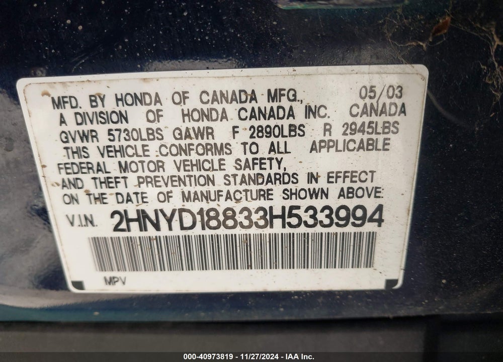 2003 ACURA MDX VIN: 2HNYD18833H533994