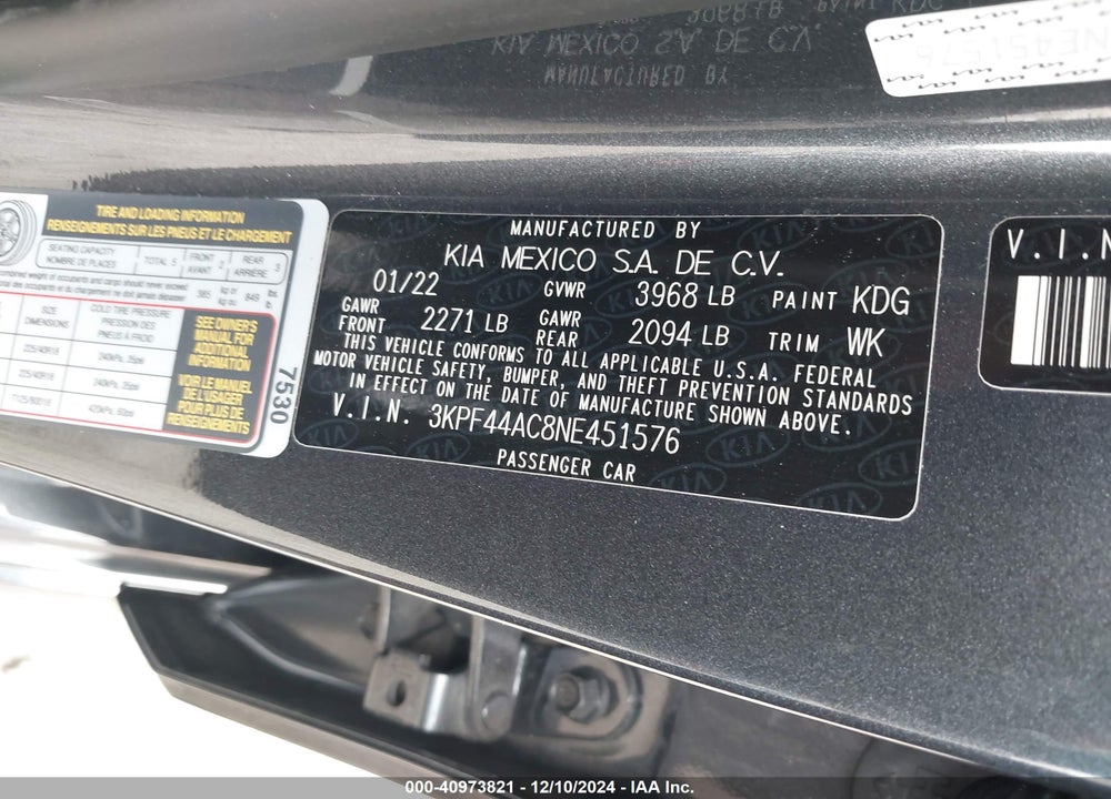 2022 KIA FORTE GT VIN: 3KPF44AC8NE451576