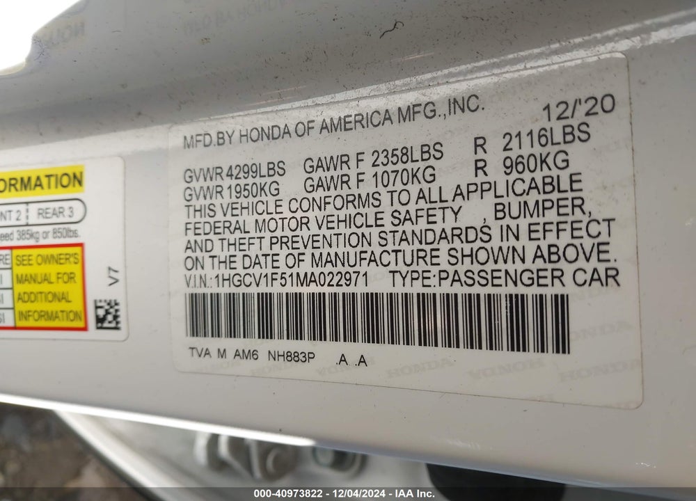 2021 HONDA ACCORD EX-L VIN: 1HGCV1F51MA022971