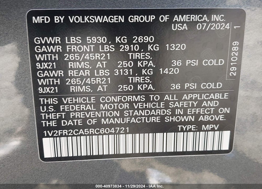 2024 VOLKSWAGEN ATLAS VIN: 1V2FR2CA5RC604721