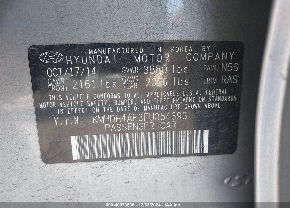 2015 HYUNDAI ELANTRA SE VIN: KMHDH4AE3FU354393