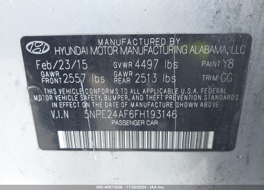 2015 HYUNDAI SONATA SE VIN: 5NPE24AF6FH193146