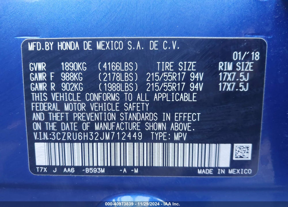 2018 HONDA HR-V LX VIN: 3CZRU6H32JM712449