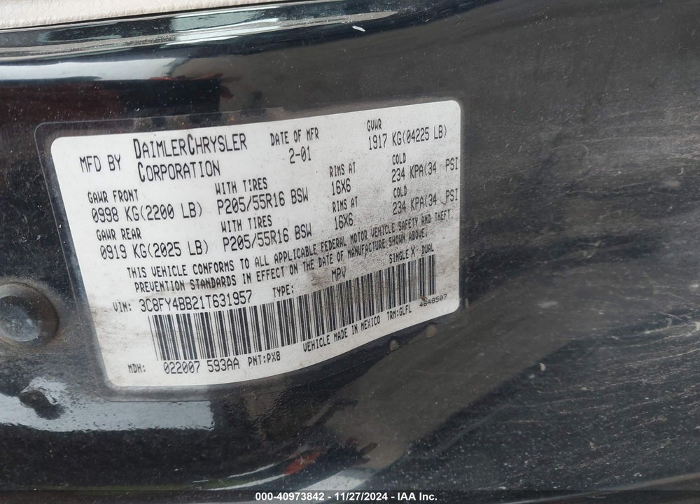 2001 CHRYSLER PT CRUISER VIN: 3C8FY4BB21T631957