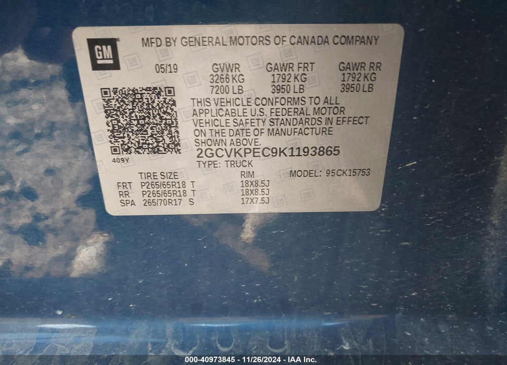 2019 CHEVROLET SILVERADO 1500 LD VIN: 2GCVKPEC9K1193865