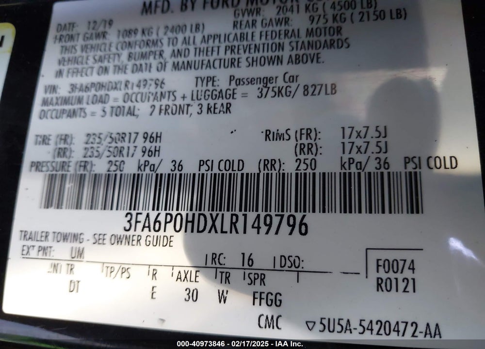 2020 FORD FUSION VIN: 3FA6P0HDXLR149796