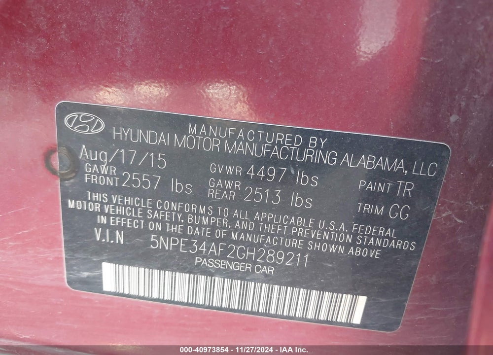 2016 HYUNDAI SONATA VIN: 5NPE34AF2GH289211