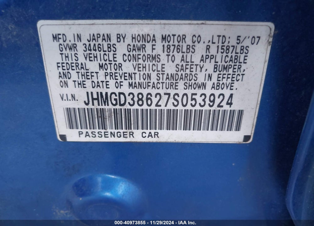 2007 HONDA FIT SPORT VIN: JHMGD38627S053924