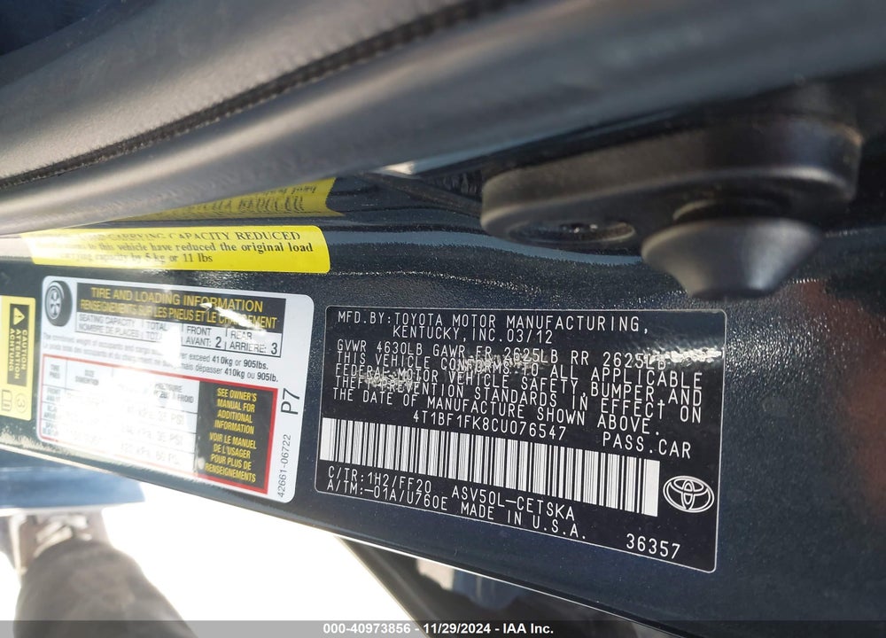 2012 TOYOTA CAMRY VIN: 4T1BF1FK8CU076547
