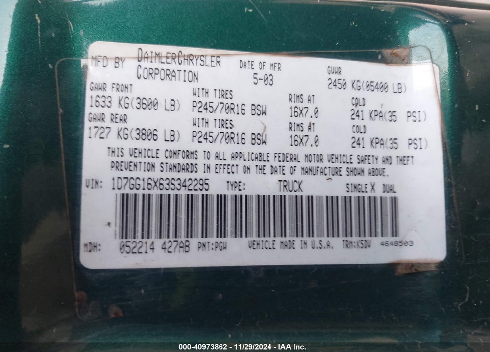 2003 DODGE DAKOTA VIN: 1D7GG16X63S342295