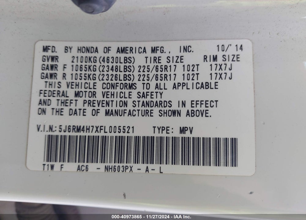 2015 HONDA CR-V EX-L VIN: 5J6RM4H7XFL005521