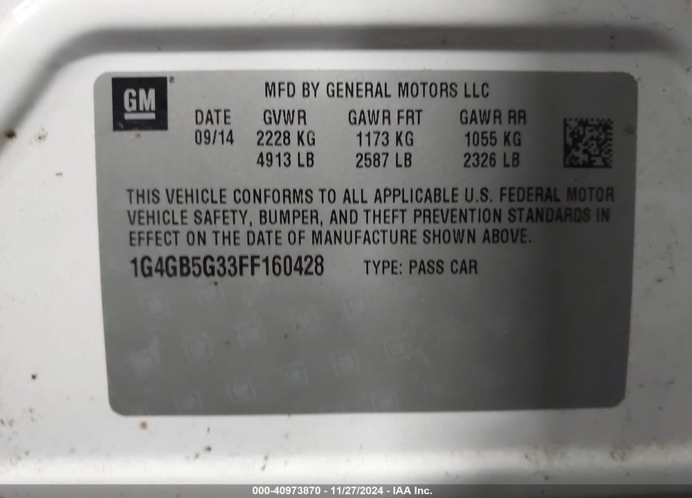 2015 BUICK LACROSSE LEATHER VIN: 1G4GB5G33FF160428