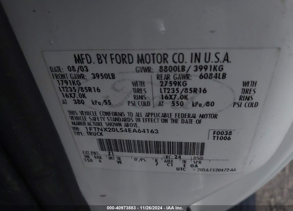 2004 FORD F-250 LARIAT/XL/XLT VIN: 1FTNX20L54EA64163