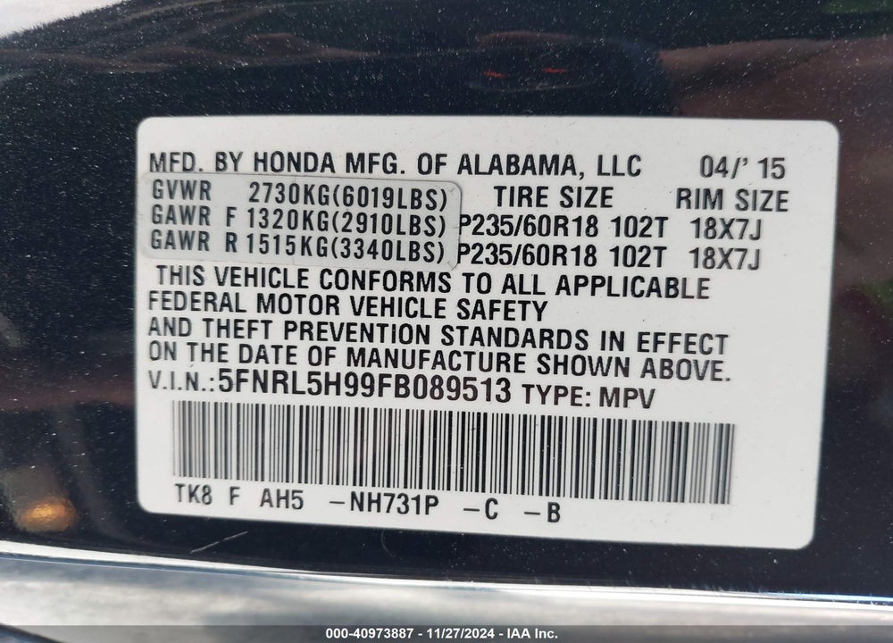 2015 HONDA ODYSSEY TOURING/TOURING ELITE VIN: 5FNRL5H99FB089513