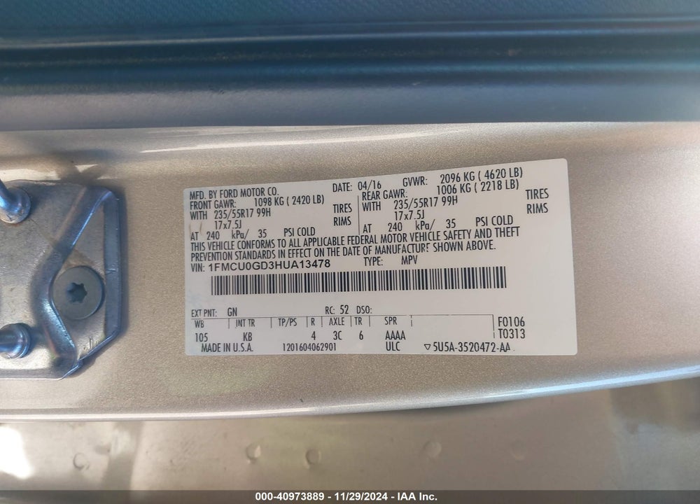 2017 FORD ESCAPE SE VIN: 1FMCU0GD3HUA13478