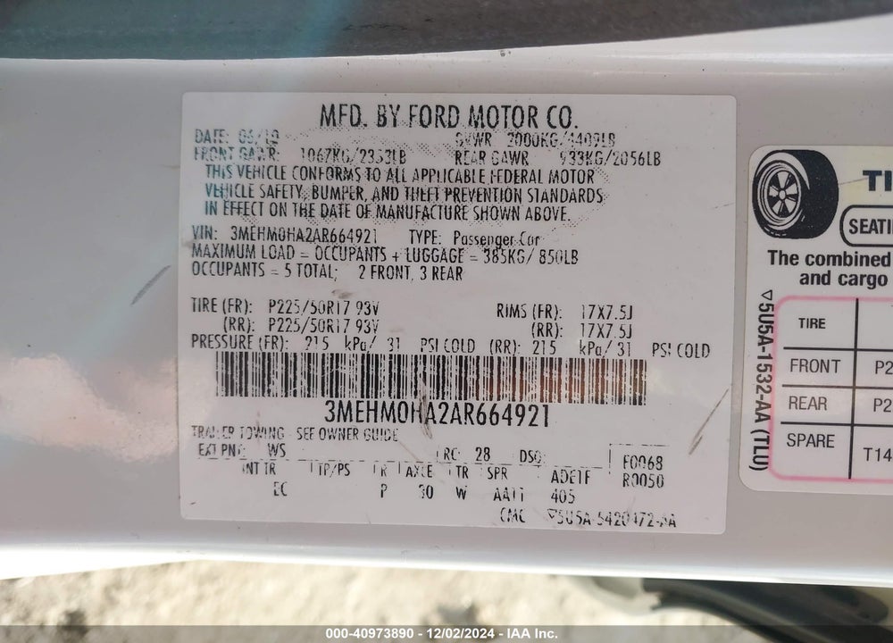 2010 MERCURY MILAN VIN: 3MEHM0HA2AR664921