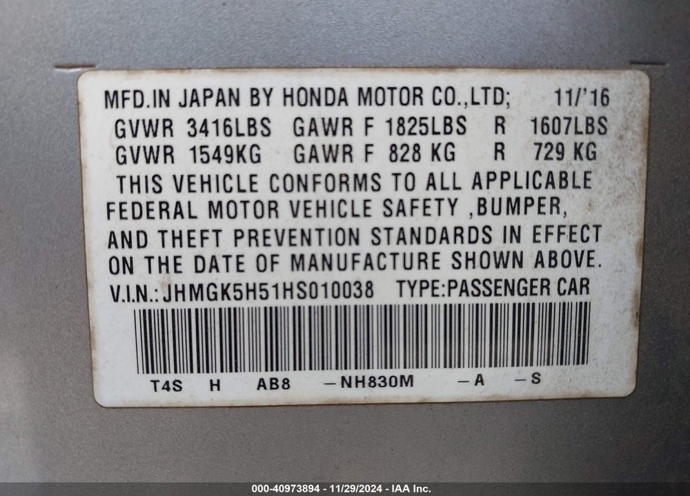 2017 HONDA FIT LX VIN: JHMGK5H51HS010038