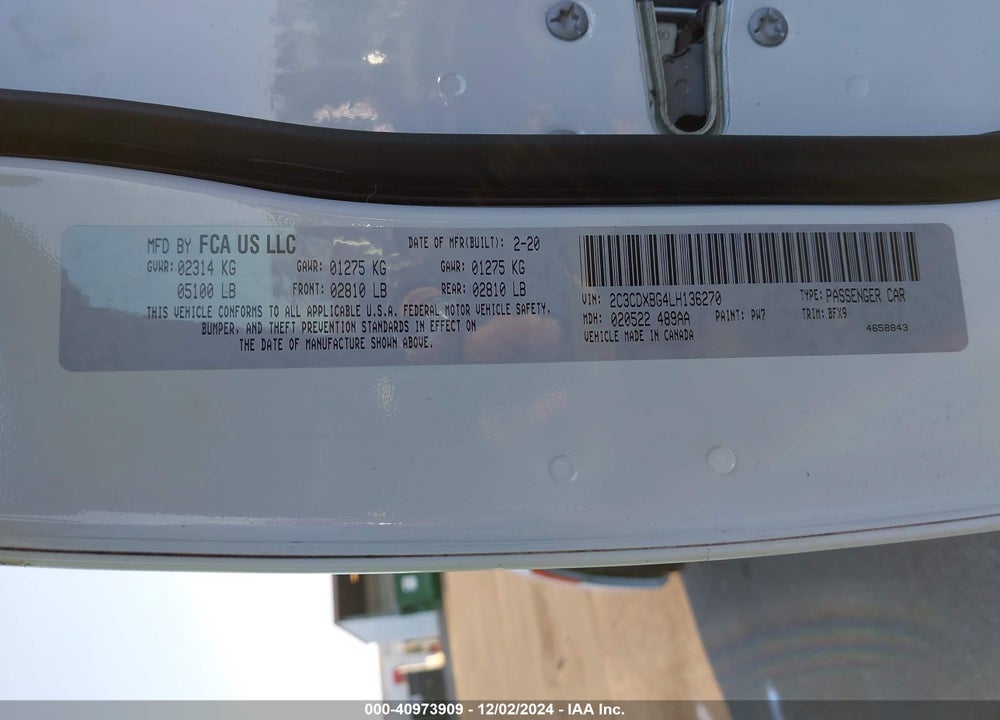 2020 DODGE CHARGER SXT RWD VIN: 2C3CDXBG4LH136270