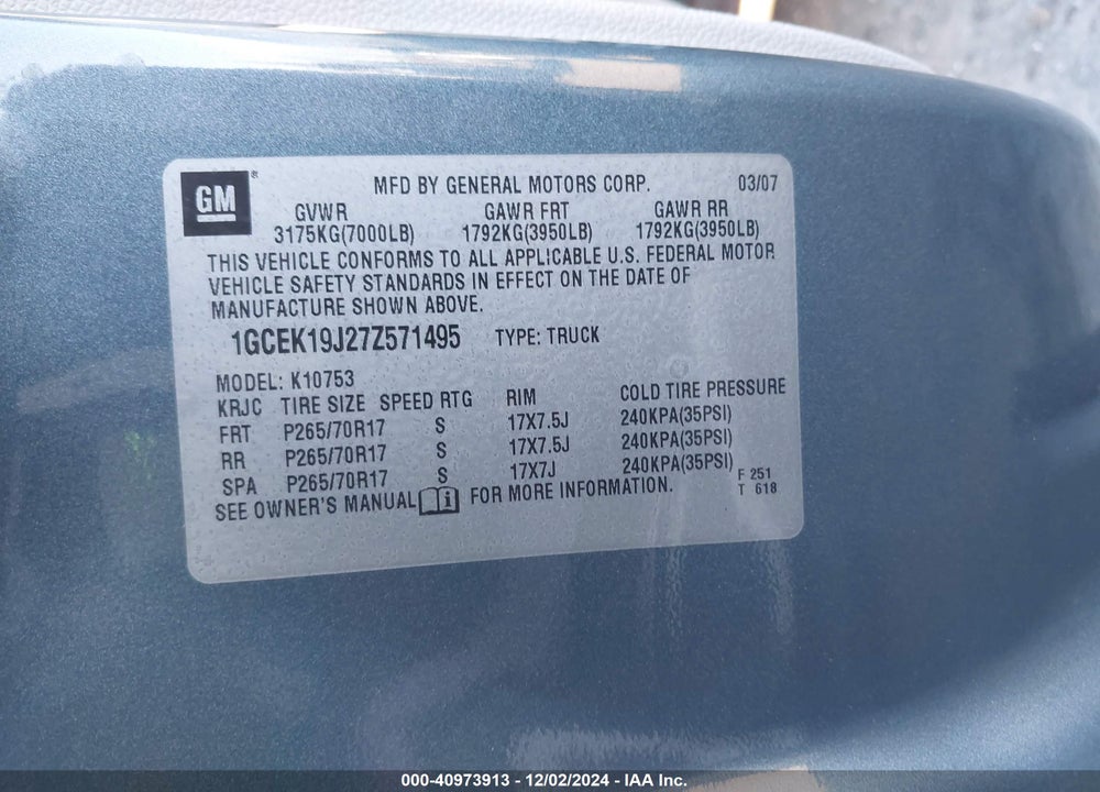 2007 CHEVROLET SILVERADO 1500 LT1 VIN: 1GCEK19J27Z571495