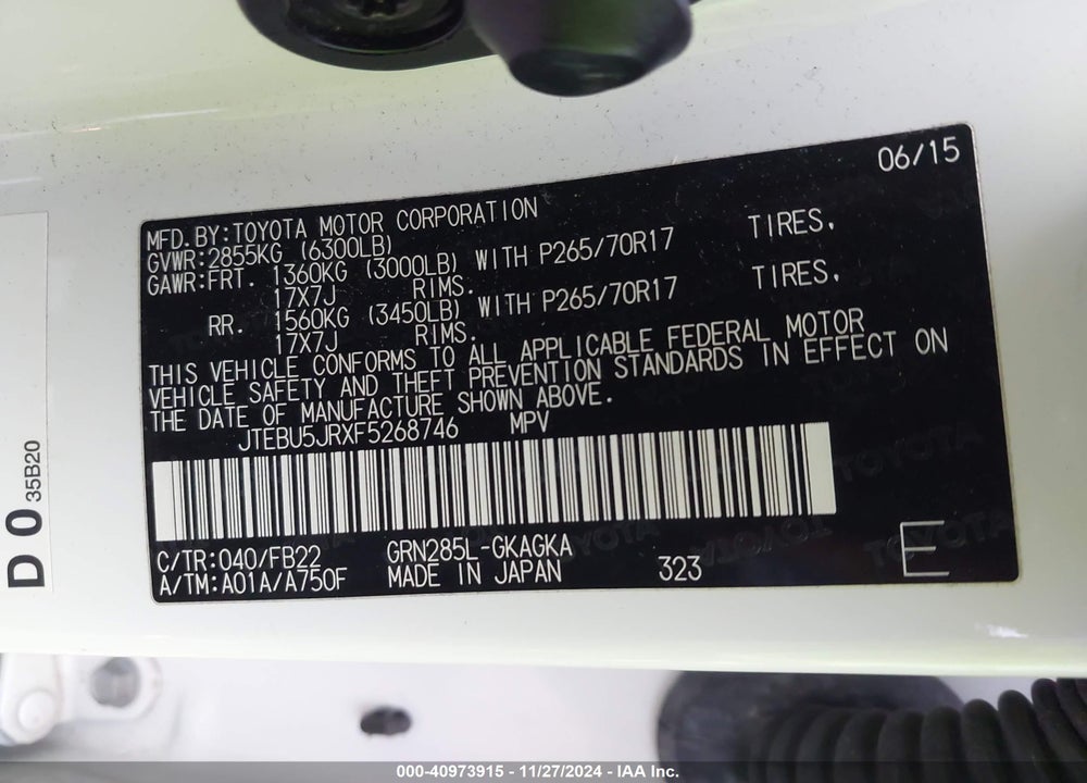 2015 TOYOTA 4RUNNER SR5 VIN: JTEBU5JRXF5268746