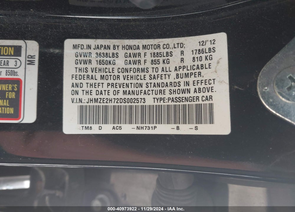 2013 HONDA INSIGHT EX VIN: JHMZE2H72DS002573