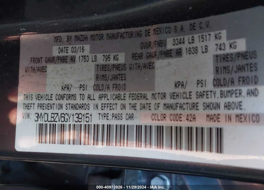 2016 SCION IA VIN: 3MYDLBZV6GY139151