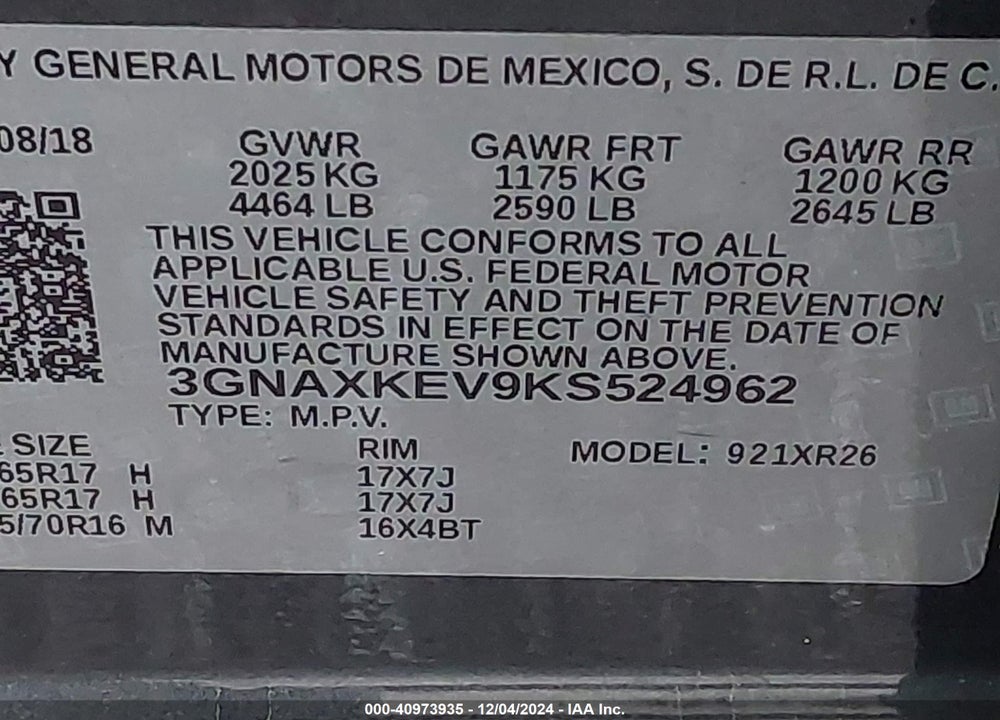 2019 CHEVROLET EQUINOX LT VIN: 3GNAXKEV9KS524962