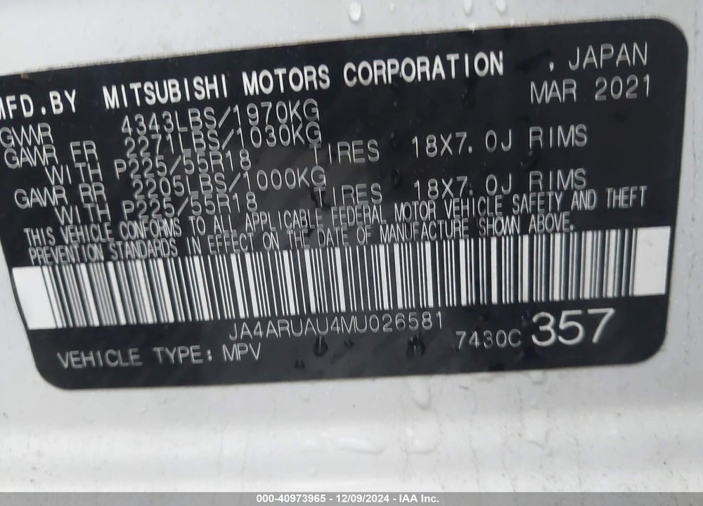 2021 MITSUBISHI OUTLANDER SPORT ES/LE/BE/SE VIN: JA4ARUAU4MU026581