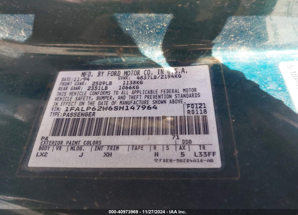 1995 FORD THUNDERBIRD LX VIN: 1FALP62W6SH147964